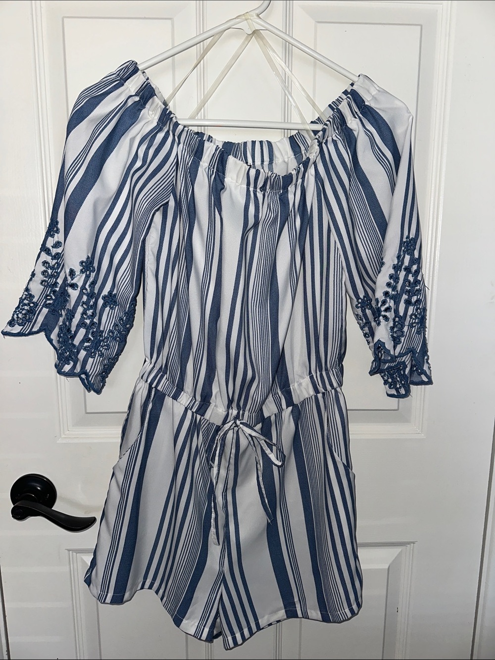 Striped Off-Shoulder Romper in Blue and White